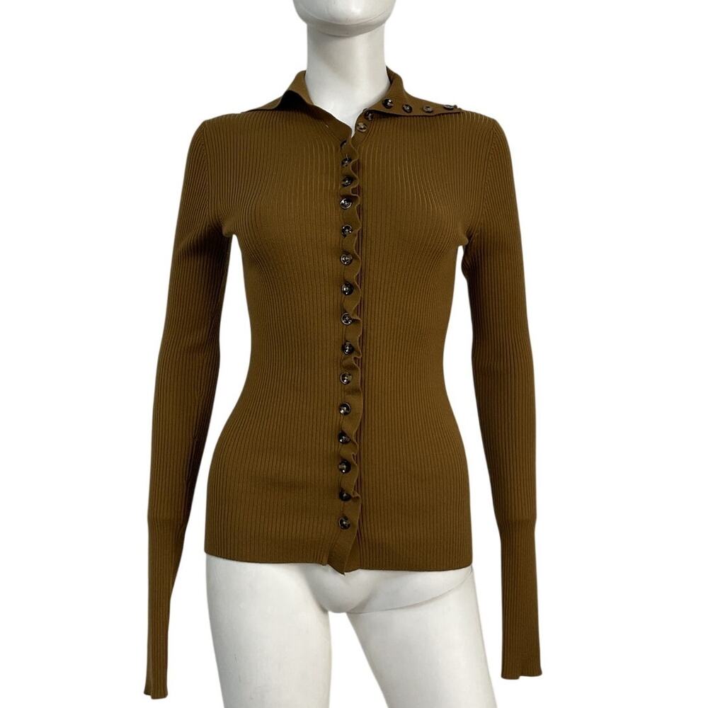 Proenza Schouler Ruffled Brown Merino Wool Cardigan Size S
